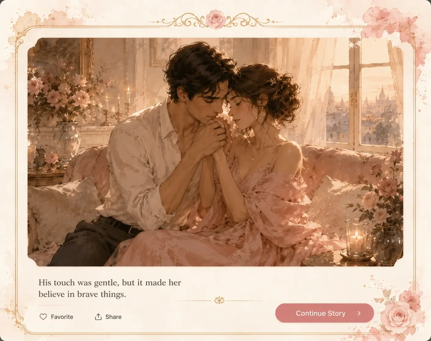 Illustrated story scene of a couple holding hands on a sofa, with a caption and a Continue Story button